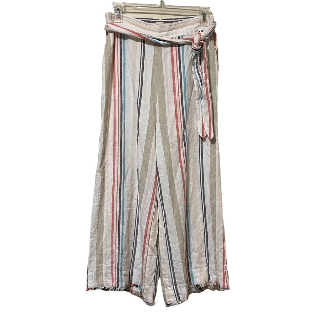 Cloth & Stone Cropped Striped Linen Blend Belted Wide Leg Pants